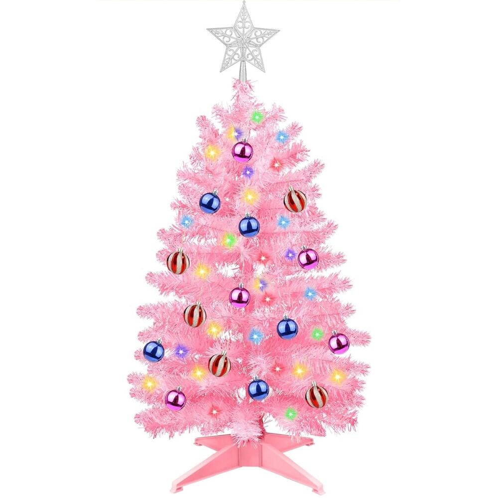 3FT Pink Christmas Tree Tinsel Fariy LED Ornament Battery Xmas Table Decor s3